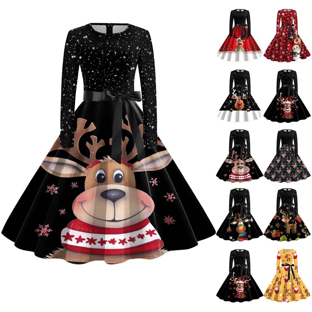 Women's Casual Fashion Long Sleeve Christmas Elk Printed Vintage Long Dresses