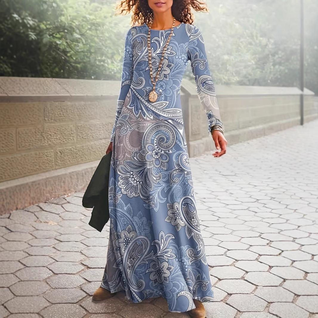 

Women s Long Sleeve Paisley Print Maxi Dress in Green, Blue, and Brown, Flowy Bohemian Style XXL світло-синій колір