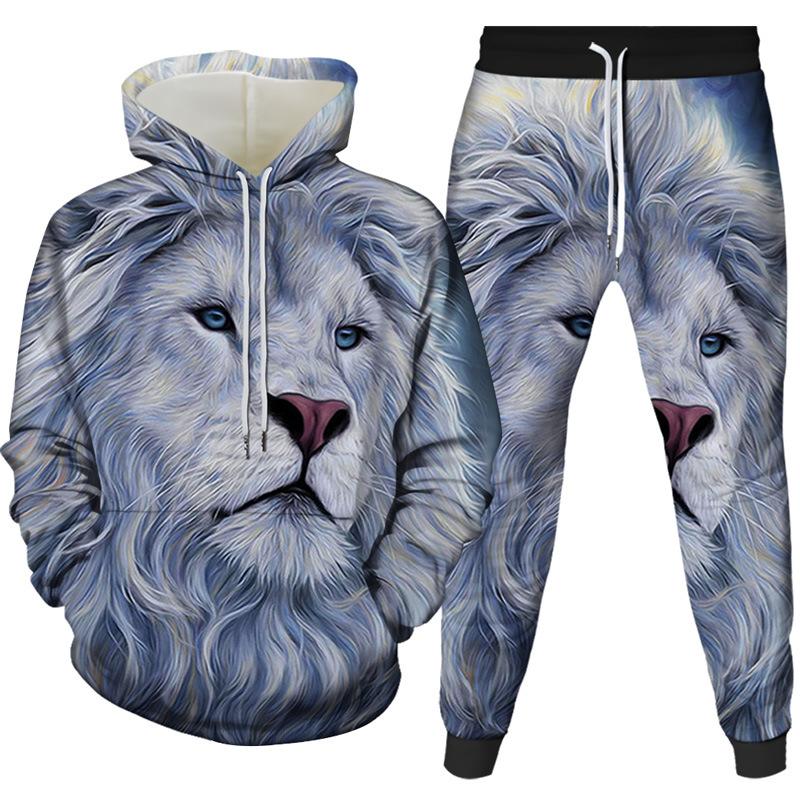 2022 foreign trade new 3d creative lion digital printing printing men's and women's hooded pullover casual sweater two-piece set