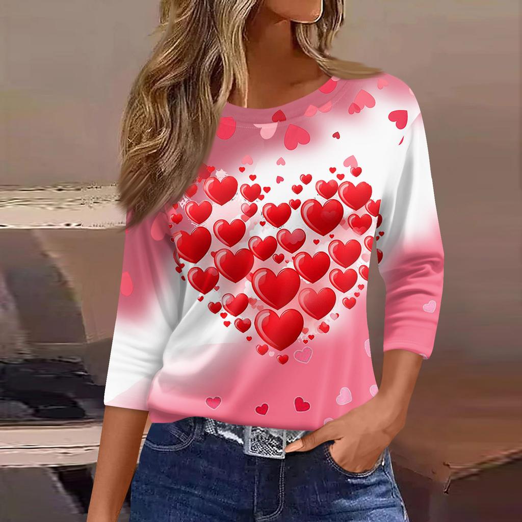 Women's Fashion Casual Round Neck 3/4 Sleeve Loose  Printed T-Shirt Ladies Top
