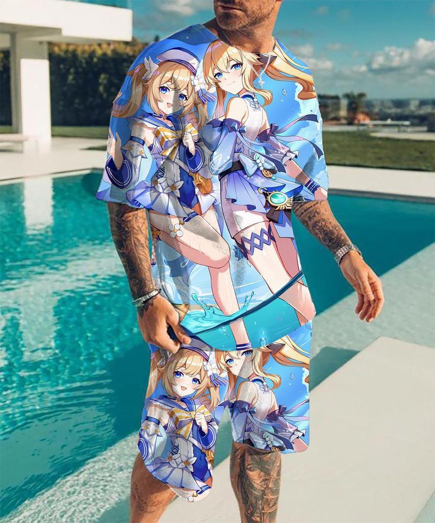 European and American cross-border new animation 3D digital original god printing men's T-shirt shorts set wholesale, short-sleeved set