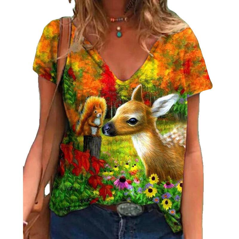 Trendy Women's Casual T-shirt Top V-neck Loose Short Sleeved Top Digital Printed 3D T-shirt