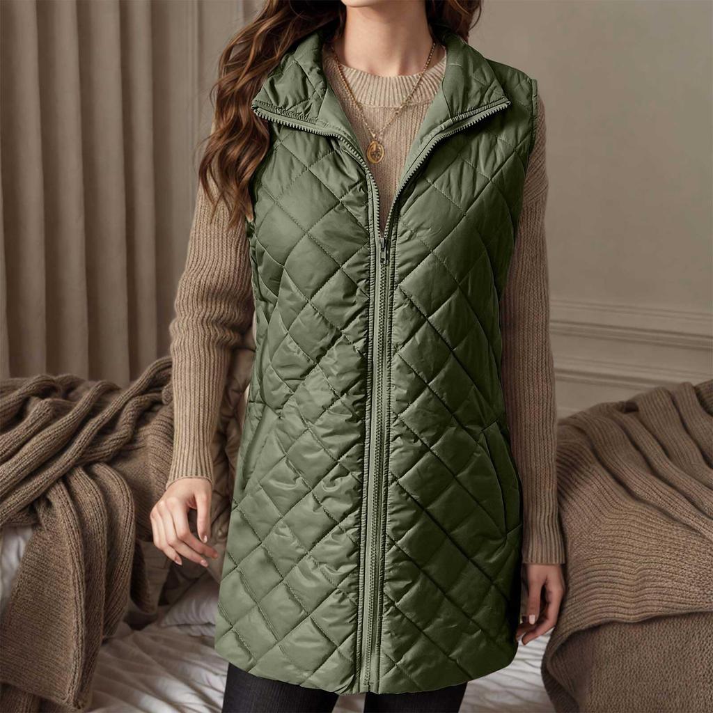 Dámská dlouhá trendy jednobarevná prošívaná bunda bez rukávů na zip, lehká, hřejivá, polstrovaná vesta, kabát, svrchní oděv