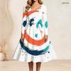 Womens Plus Size Square Neck Long Sleeve Abstract Botanical Printed Belted A Line Dress
