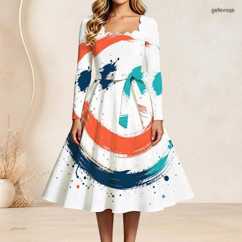 Womens Plus Size Square Neck Long Sleeve Abstract Botanical Printed Belted A Line Dress