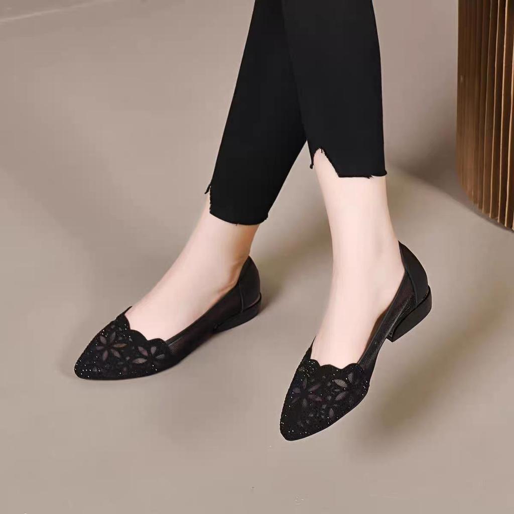 Fashion Womens shoes summer thick heel pointed casual shoes rhinestone shallow mouth single shoe mesh hollow breathable womens sandals