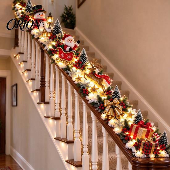 Holiday Entryway Stair Garland Santa Sleigh Railing Decor, Warm LED Lighted Snowy Banister Decoration, Pre-Lit Christmas White Lighting with