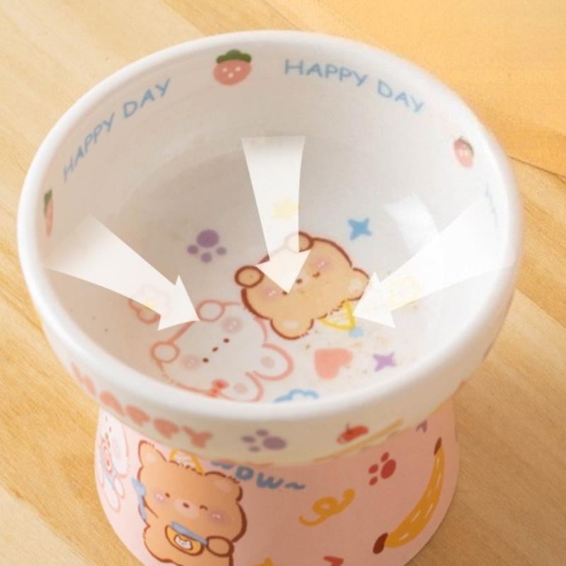 Cute Cartoon Ceramic Pet Bowl High Foot Neck Protection Flat Mouth Bowl Super Large Arc Structure