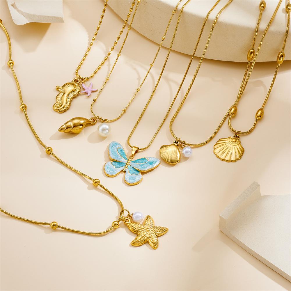 Fashion Ocean Pendant Necklace Gold Starfish Shell Drop Oil Butterfly Multi Element Accessory