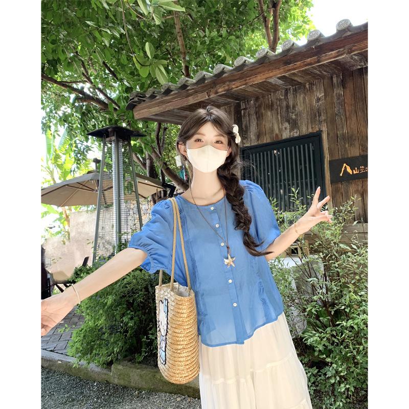 

Summer imitation Tencel thin round neck casual loose lazy sweet temperament top shirt S