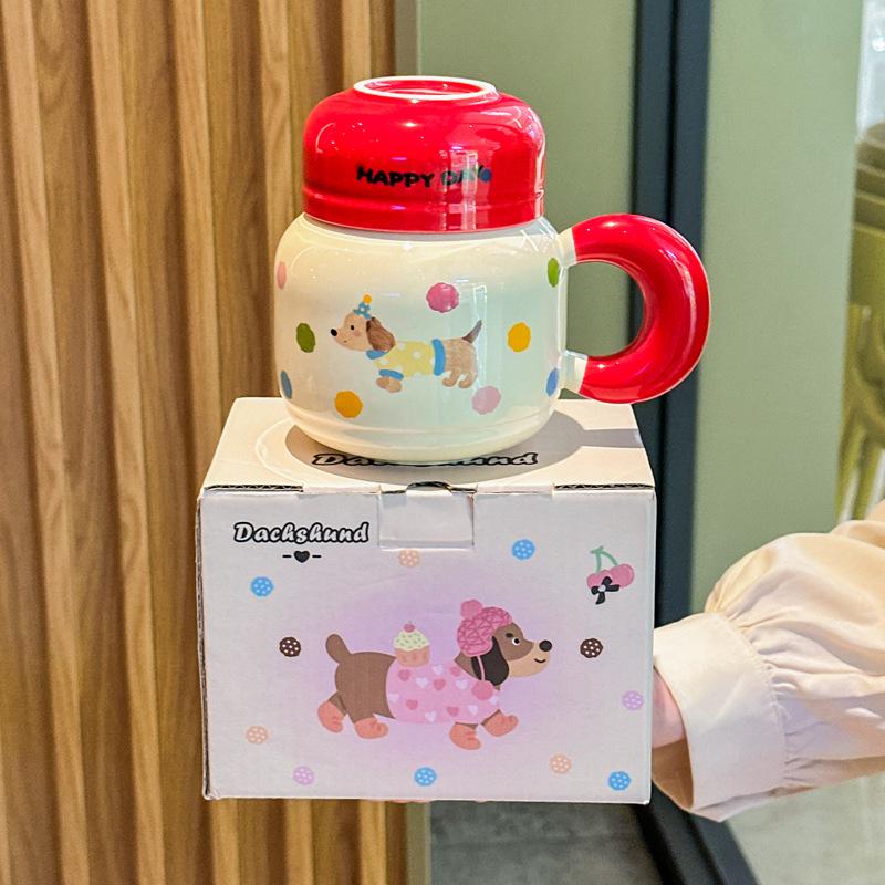 Cute Dachshund Puppy Ceramic Kettle Couple with High Value Mug with Lid To Send Birthday Gifts for Girls