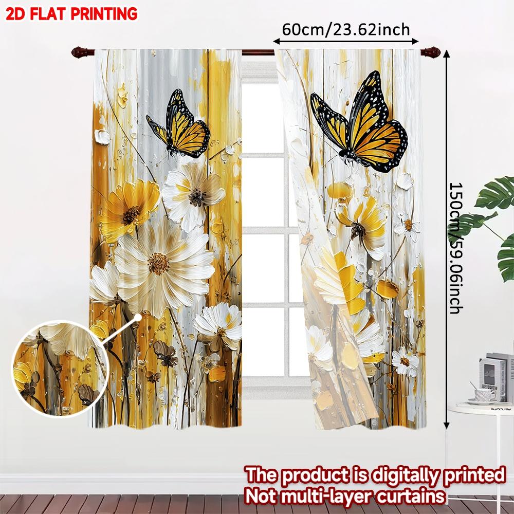 2pcs Butterfly Flower Curtains  Bright Yellow White Blooms with Black Yellow Butterfly Pattern for Cozy Bedroom Decor