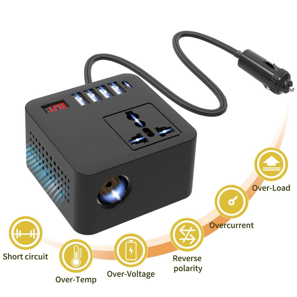 Efficient 12V 24V To 110V 220V Electricity Changer with 4 USB Ports & Type C Automotive Power Adapter for Road Trips