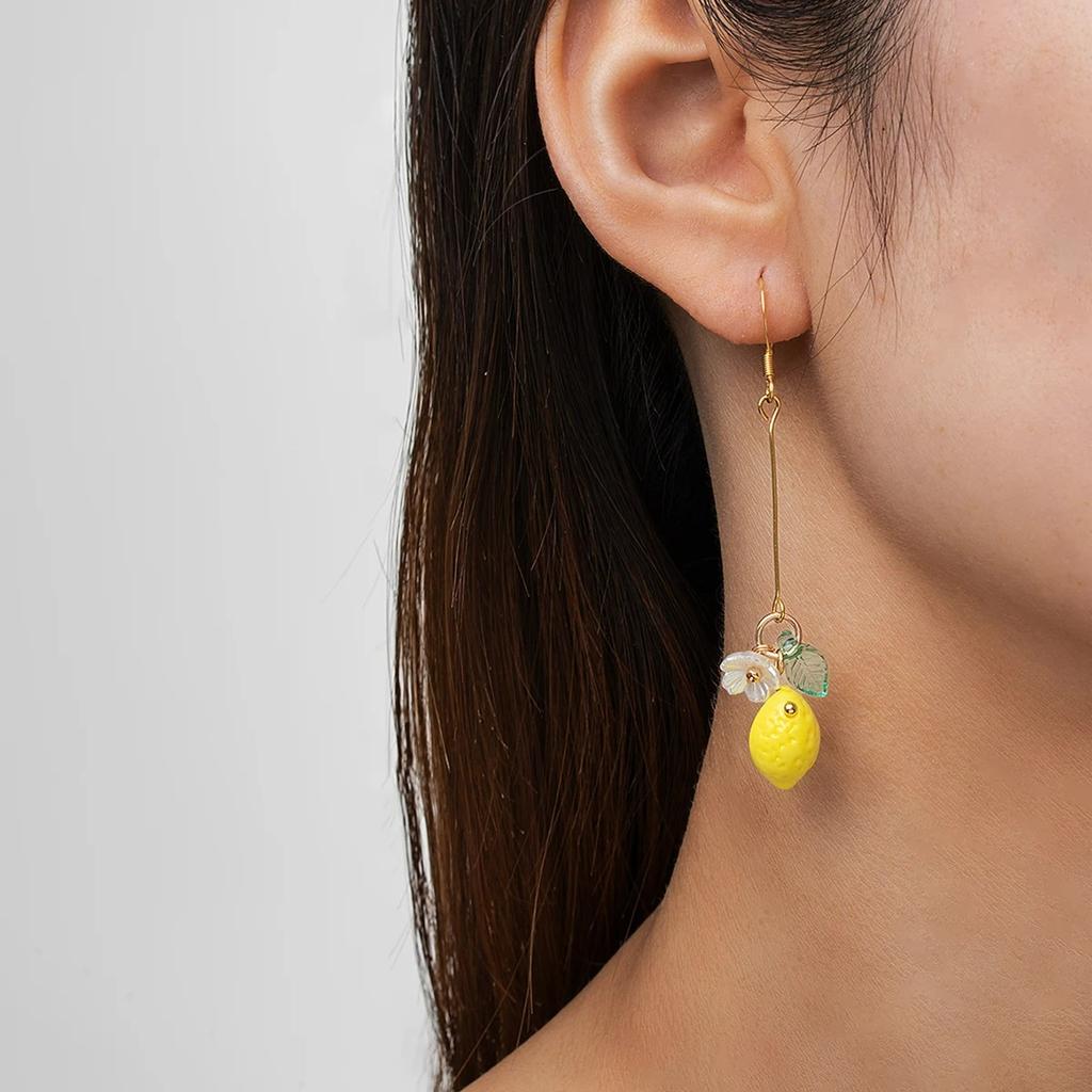 Small Glass Fresh Resin Lemon Fruit Food Pendant Earrings Stainless Steel Earhooks Flower Women's Earrings Asymmetric Earrings
