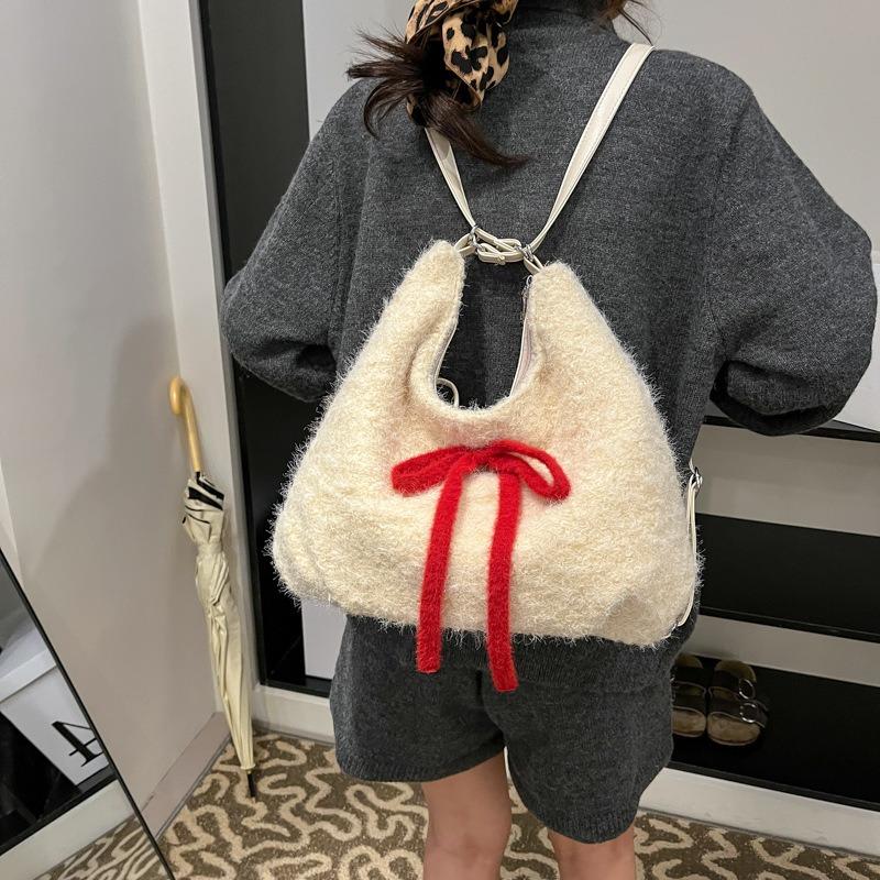 Red plush commuter tote bag women's large-capacity new bow shoulder bag backpack