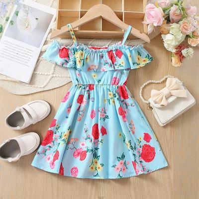 Klänning För Flickor 1-8Å Födelsedag Koreansk Stil Mode Volangkant Off-Shoulder Blommönster Remklänning