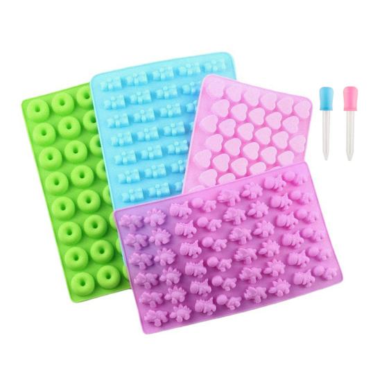 Silicone Gummy Bear Molds Mini Candy Mold for Kids with Droppers Dinosaur Heart Donut Shapes Easy Release Cake Mold