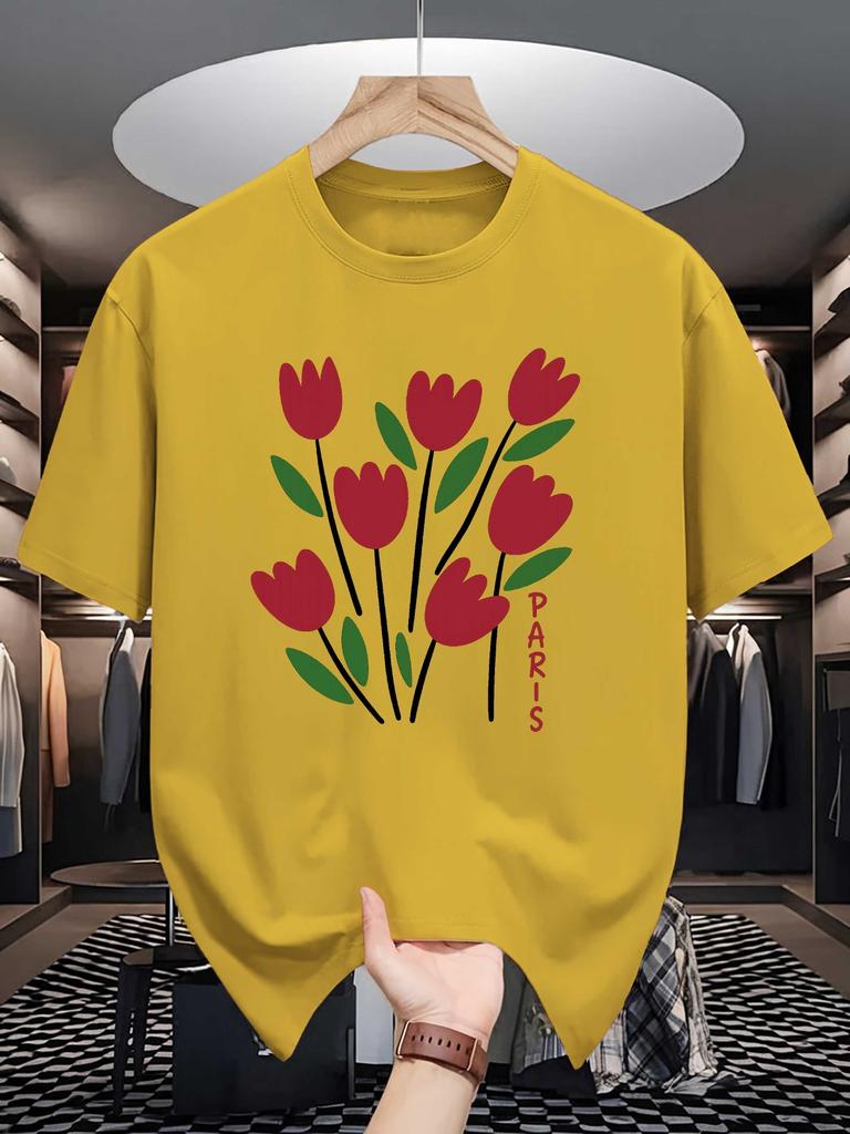 Unisex Crew Neck Tee Simple Red Tulip Paris Floral Graphic Print Soft Cotton Loose Short Sleeve Summer Casual Male Streetwear Tops