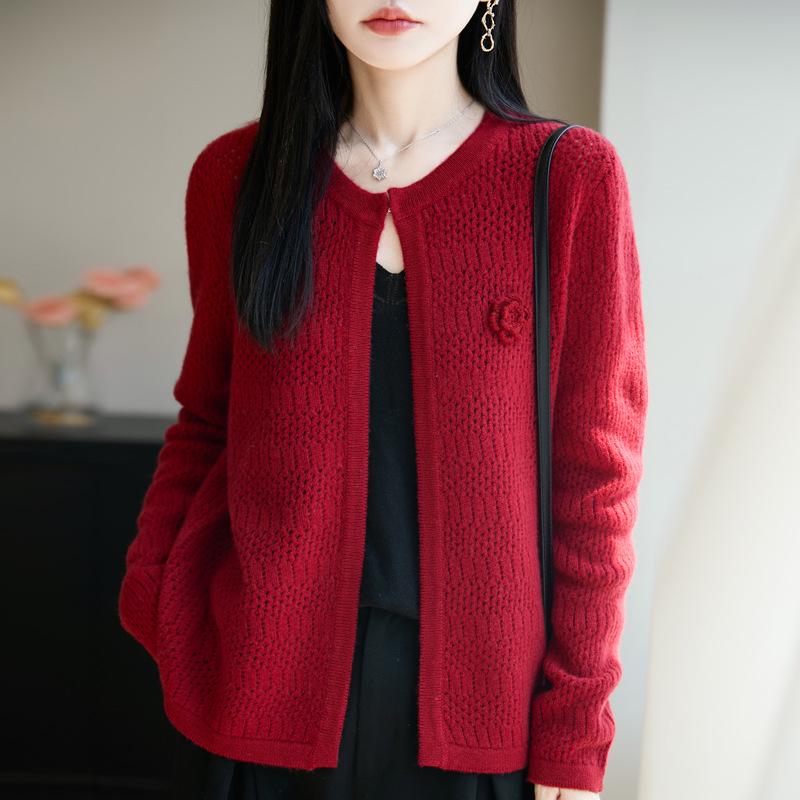 2025 Women's Wool Shawl Cardigan - Round Neck, Hollow Out, Loose Fit, Long Sleeve