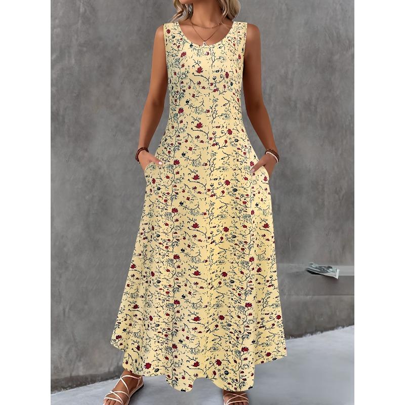 JKASHDK Women's Fashion Summer Spring Flower Pattern Print Sleeveless O-Neck Loose Waistline Casual Dresses