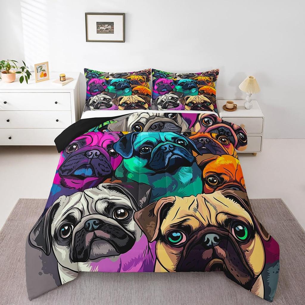 Carton Pug Soft Duvet Cover Set Children Kids Lovely Dog Print Beding Set Young Boys Tens Young Girls Desert Donut Rom Decor Warm Comforter Cover