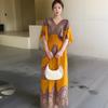 Ethnic Style V-neck Cotton and Silk Short-sleeved French Thai Style Dress for Women's Summer Printing Pastoral Style Skirt for Vacation Wear
