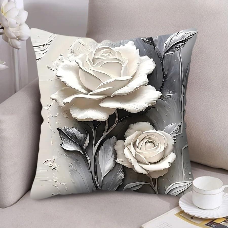 White Rose Floral Cushion Cover, Modern Art Textured Throw Pillow Case, Elegant Home Decor For Sofa Bedroom (No Insert)