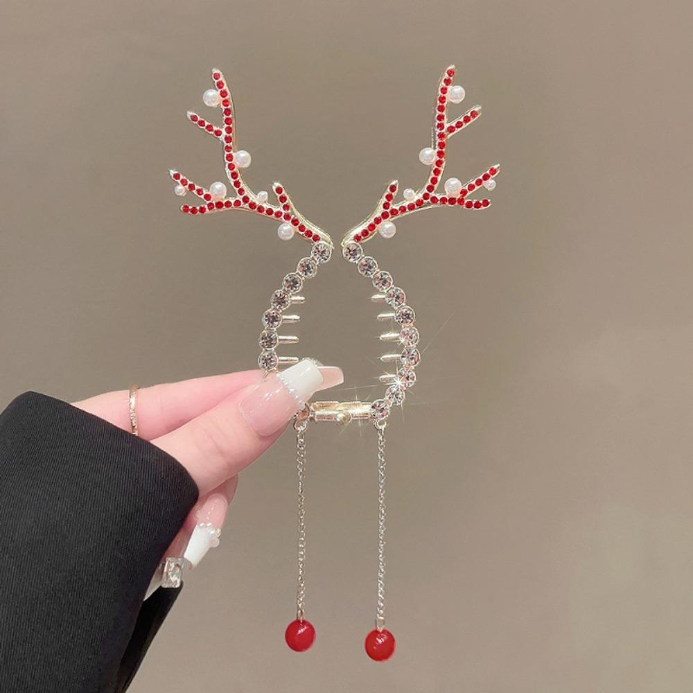 

Christmas Reindeer Antler Hair Clips Rhinestone Pearl Decor Sparkly Festive Accessories Perfect Holiday Hairstyles Parties Cute