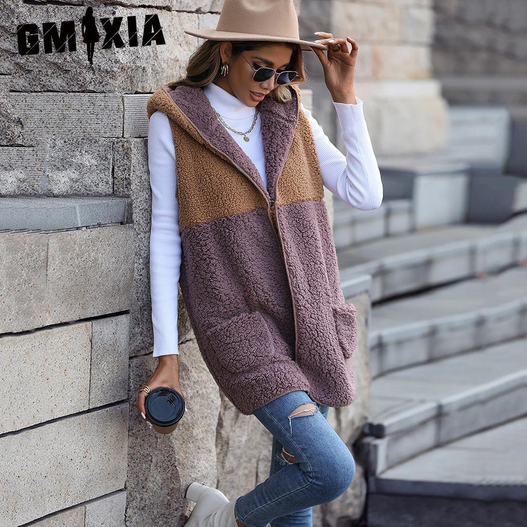 GMXIA Autumn Winter Women's Hooded Sleeveless Pocket Mid-length Loose Solid Color Puffed Fleece Cardigan