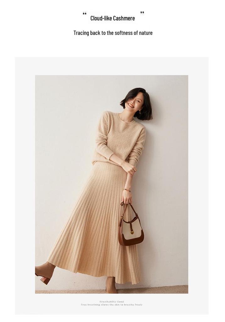 Women's Slim Cashmere Knit Pullover - Warm Long Sleeve Round Neck Sweater for Autumn/Winter