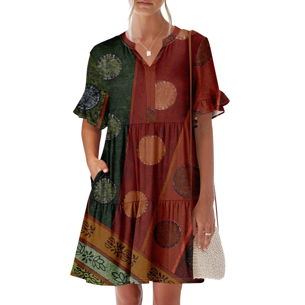 Womens Summer Dress Short Sleeve V Neck Short Dresses Fashion Casual Flowy Boho Ruffle A Line Swing Sundress With Pockets