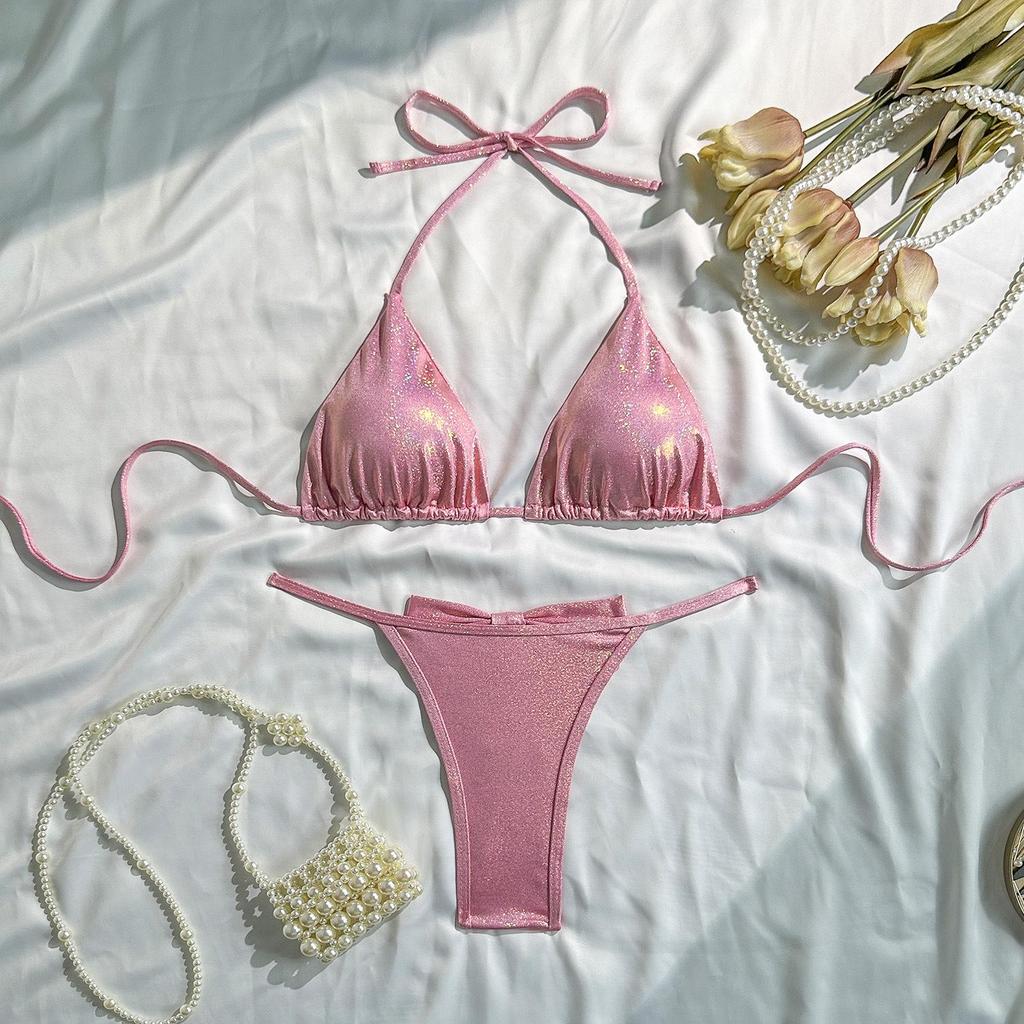 2026 Stylové dámské sexy dvoudílné vykrojené plavky se třpytivými ramínky