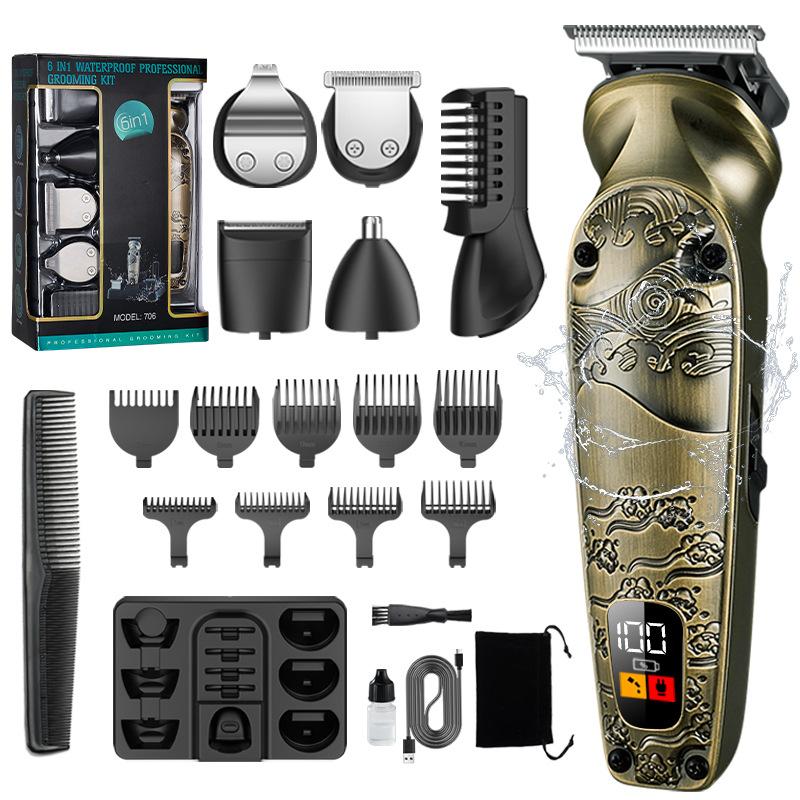 

Полностью металлический корпус парикмахерской 6 в 1 многофункциональная электрическая машинка для стрижки волос в носу бритва бронзовый
