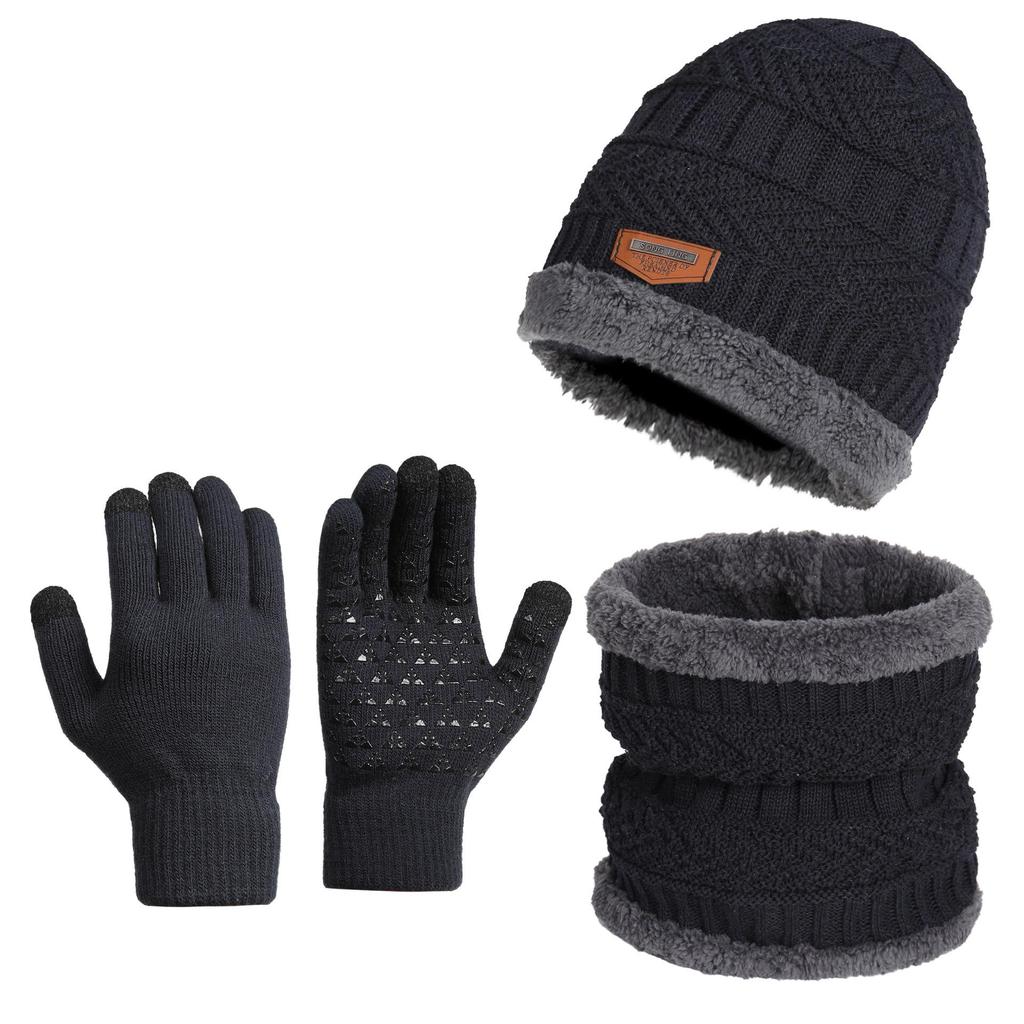 Dreiteiliges Winterset: Gestrickte Mütze, Rutschfeste Touchscreen-Handschuhe und Fleecegefütterter Wollschal