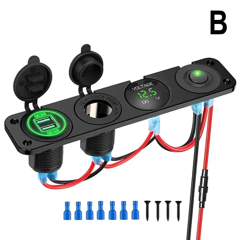 4 In 1 Charger Outlet Socket Panel QC 3.0 Dua 12V USB Car Socket Lighter Rocker Voltmeter Cigarette Outlet Toggle Switch Po D2B1