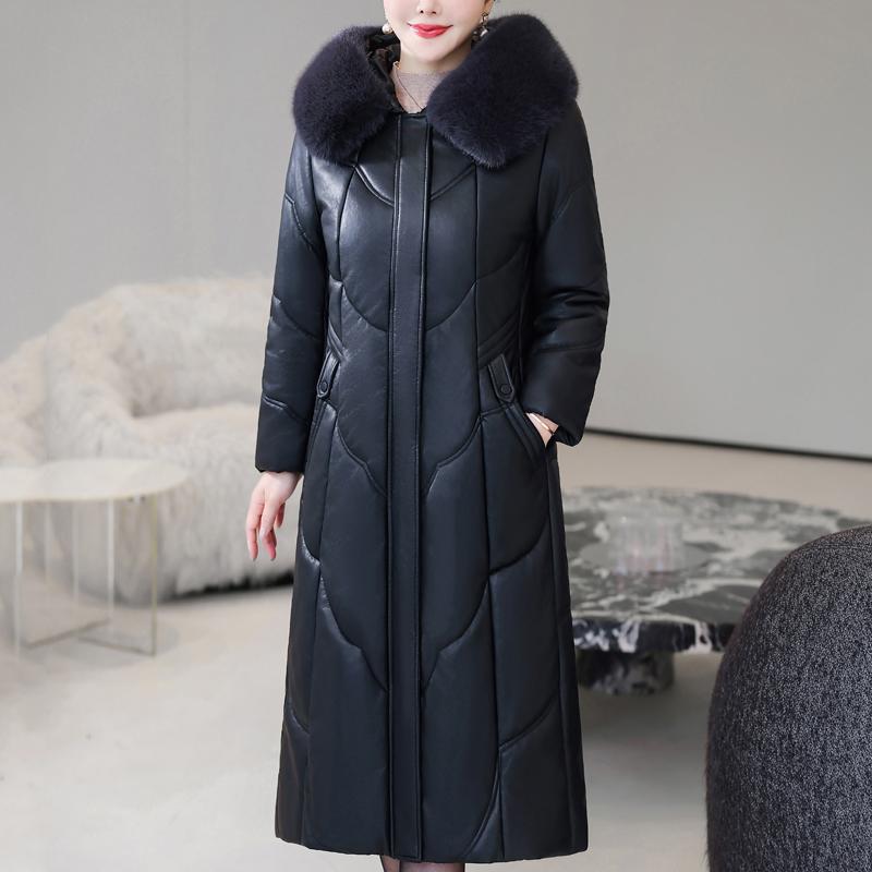 Middelbare leeftijd Vrouw Winter Faux Schapenvacht Jassen Capuchon Bontkraag Elegant Dik Warm Winter Lange Parka's Dames Leren Jas