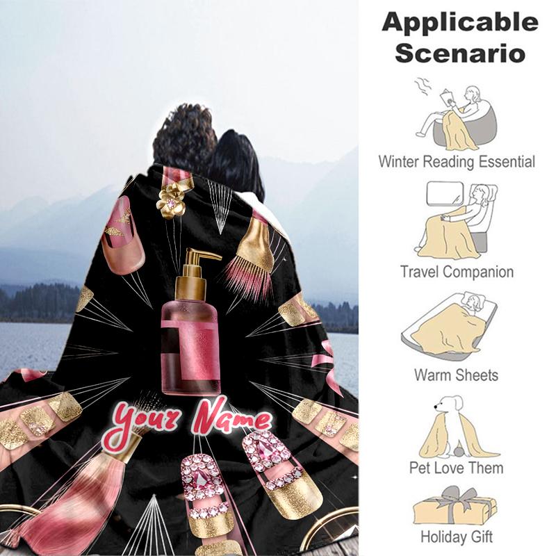 1PC Custom Name Glamorous Nail Art outdooor Flannel blankets Throw Blanket All-Season Throw Gift Bedspread for Couch, Bed, Camping Holiday Birthday gi