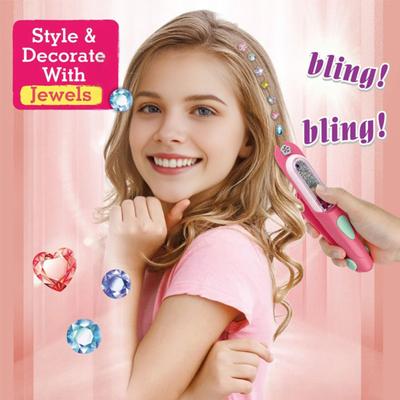 Glitter Rhinestone Tool Safe Kids Hair Gemstone Styling Set with Magnetic Pink Comb 24 Colorful Gem Patches And Clips Creative Sparkling Hairstyles