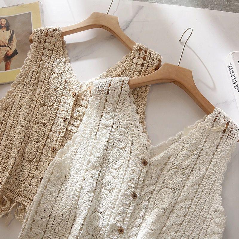 French Niche Design Hollowed-out Crocheted Knitted Waistcoat Vest for Women To Wear Outside In Summer Loose Tassel Sleeveless Spicy Girl Top