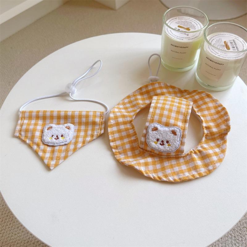 Plaid Bear Print Pet Hat And Triangular Bib Set For Cats And Dogs
