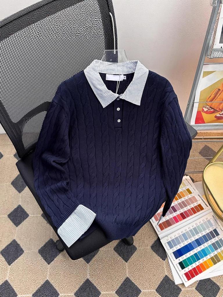 American Style Striped Cable Knit Polo Sweater - Men's Trendy Two-Piece Patchwork with Cleanfit Design