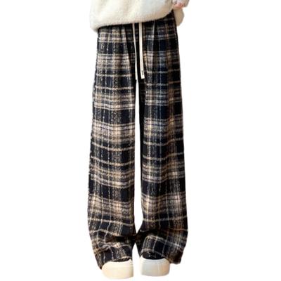 Volen Check Checked Pants for with and Stylish Women's Pants, Wide-Length Lace-Up Fall/Winter, High-Waisted, Pockets, Flattering, Slimming, Versatile,