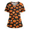 Women's Loose Short Sleeved Fashionable Halloween Print V-neck Buttonable Side Slit Top T-shirt