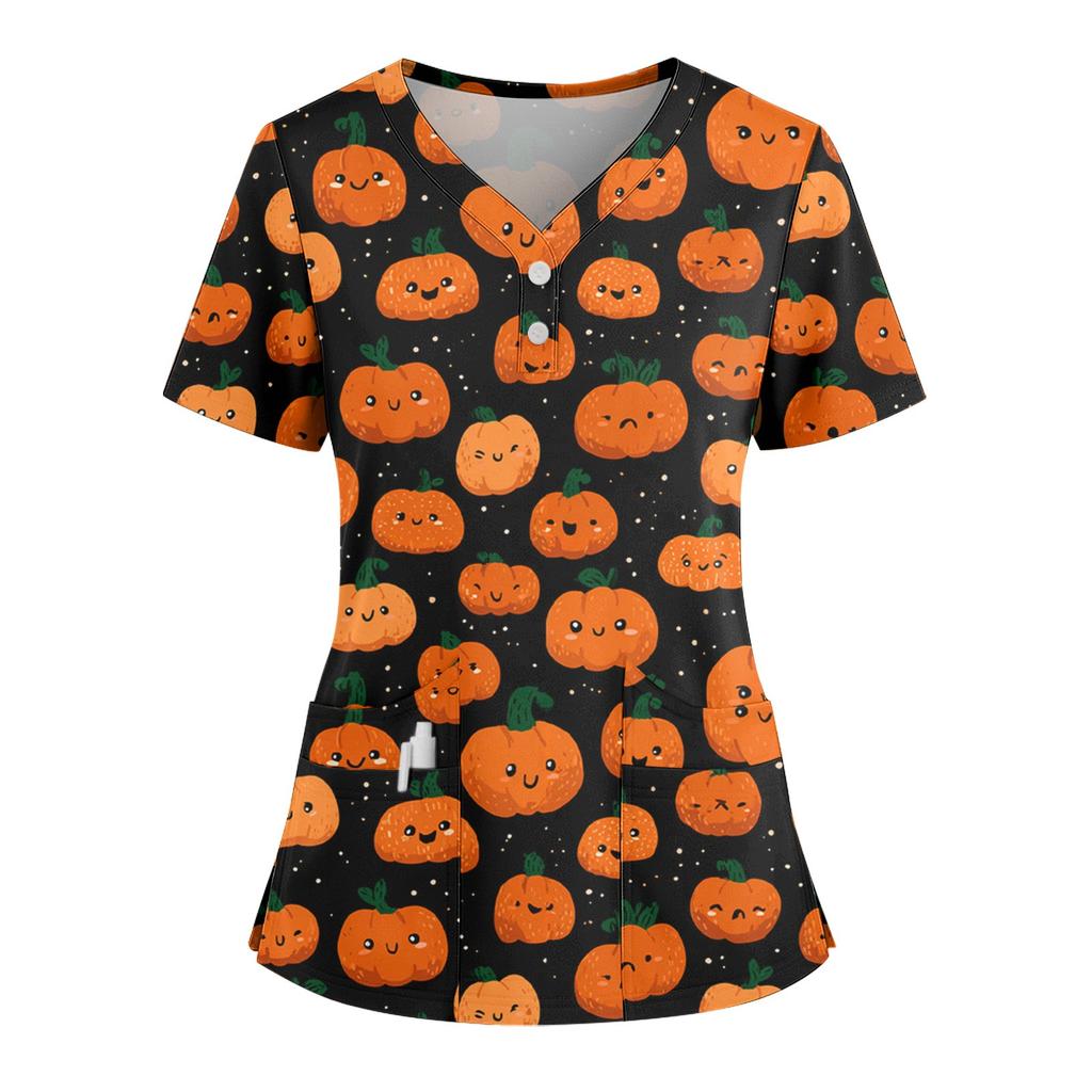 Women's Loose Short Sleeved Fashionable Halloween Print V-neck Buttonable Side Slit Top T-shirt