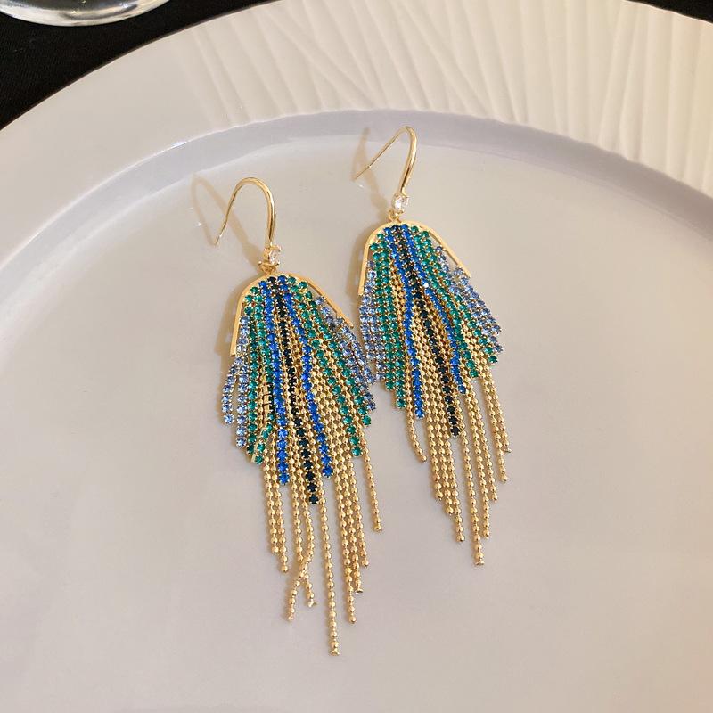 Silver Needle Zircon Long Earrings, Korean Temperament, High-end Sense, Exquisite Stud Earrings, Earrings, Retro Fringed Earrings, Women's