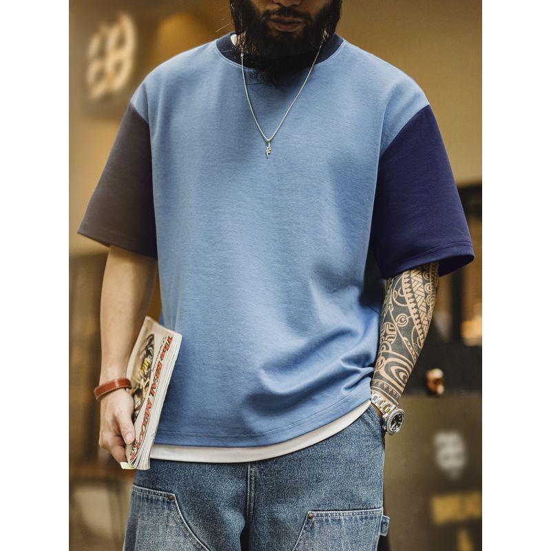 Retro Color-Blocked T-Shirt with Ribbed Neckline, Drop Shoulder Sleeves, Loose Fit, Air Layer, Contrasting Color Short-Sleeve Men's Summer Wear