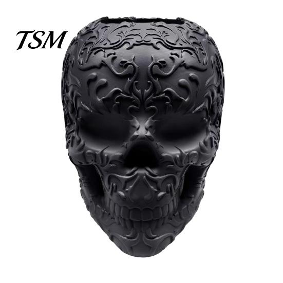 Artistic Resin Figurine Halloween Skull Makeup Brush Holder, Matte Black Gothic Skeleton Pen Organizer Spooky Home Decorations for Desk, Storage