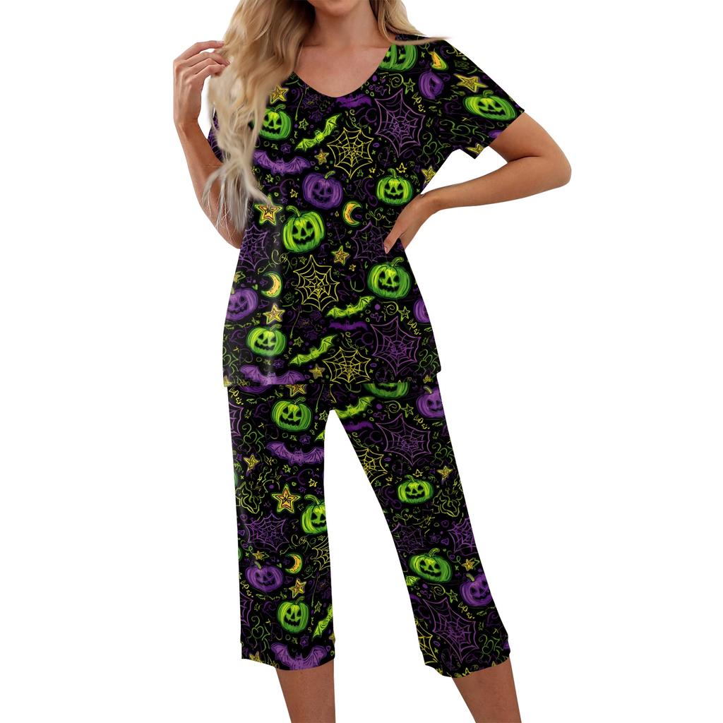 Women's Two Piece Halloween Print Lounge Set Short Sleeve V Neck Top and Capri Pants Casual Pajama Set for Relaxed Fit