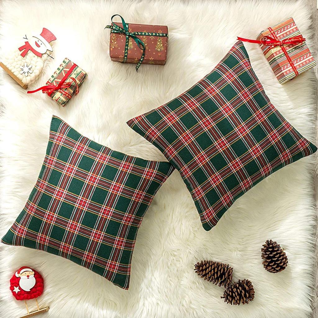 Christmas Check Cushion Cover for Living Room Sofa (Pack of 2, 16x16 Inch) - Christmas Theme Decor
