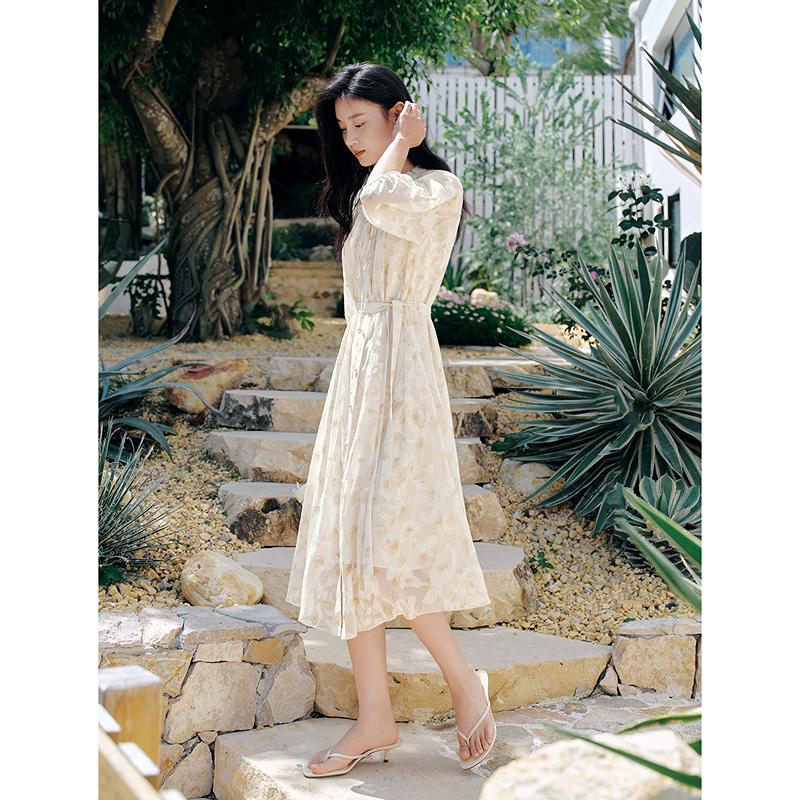 [Grass] Jiuzi Anna Kou Rural Style Plant Printed Scissors Waist Dress for Women 2026 Summer New Style